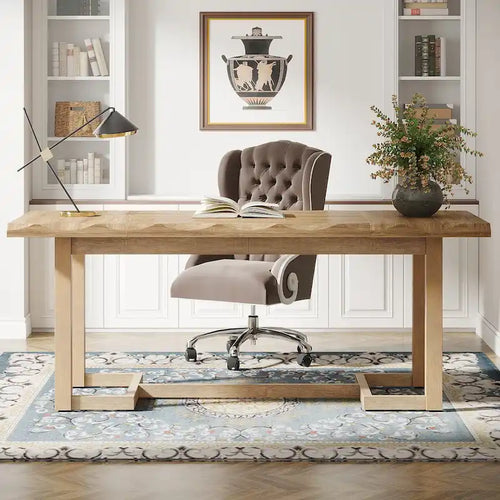 Bureau d’ordinateur de 63 pouces, table rectangulaire avec pieds en bois massif et plateau épaissi