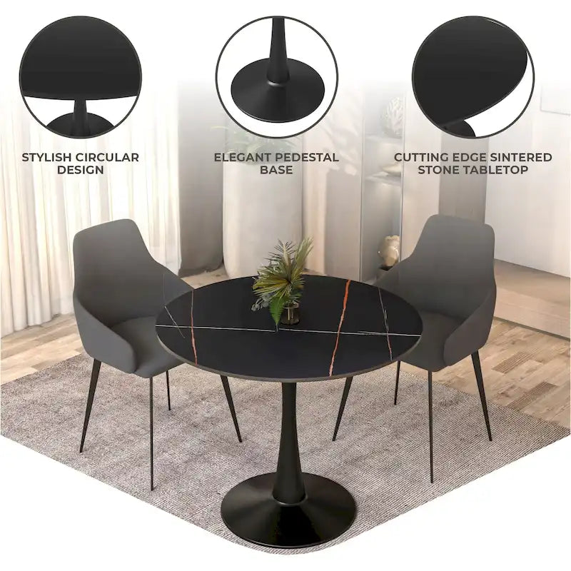 35 Round Dining Table for 4 with Sintered Stone Tabletop in Black Base for Kitchen & Dining Room