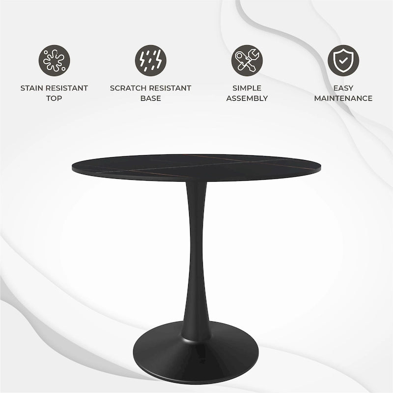 35 runder Esstisch für 4 Personen mit Tischplatte aus gesintertem Stein und schwarzem Untergestell für Küche und Esszimmer
