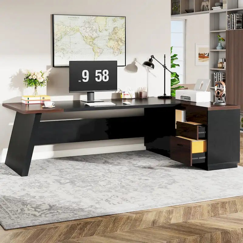 78.7-inch L Shaped Executive Desk with Drawers and Lateral File Cabinet