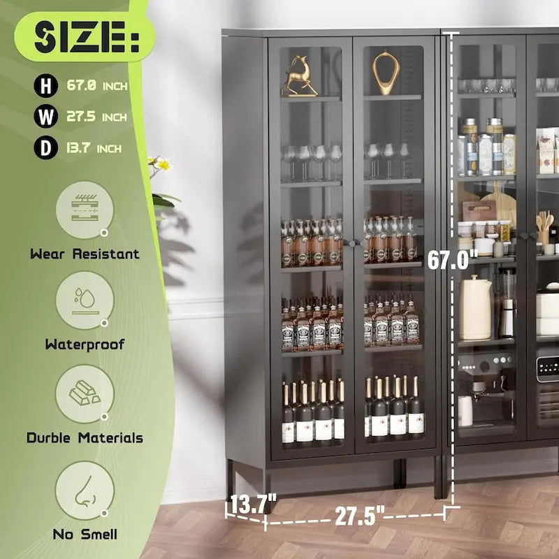 67 hoher Glas-Vitrinenschrank mit Glastüren und 4 verstellbaren Einlegeböden