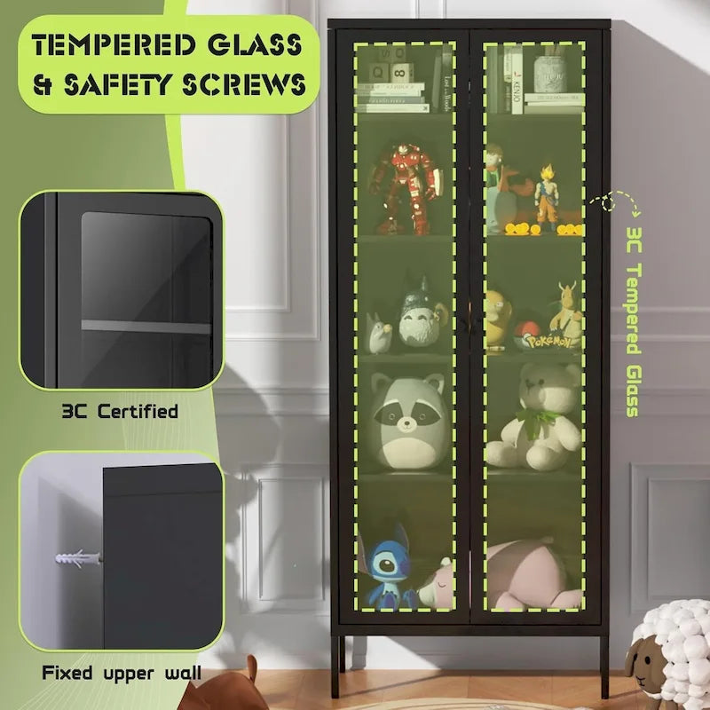 67 Tall Glass Curio Display Cabinet with Glass Doors and 4 Adjustable Shelves