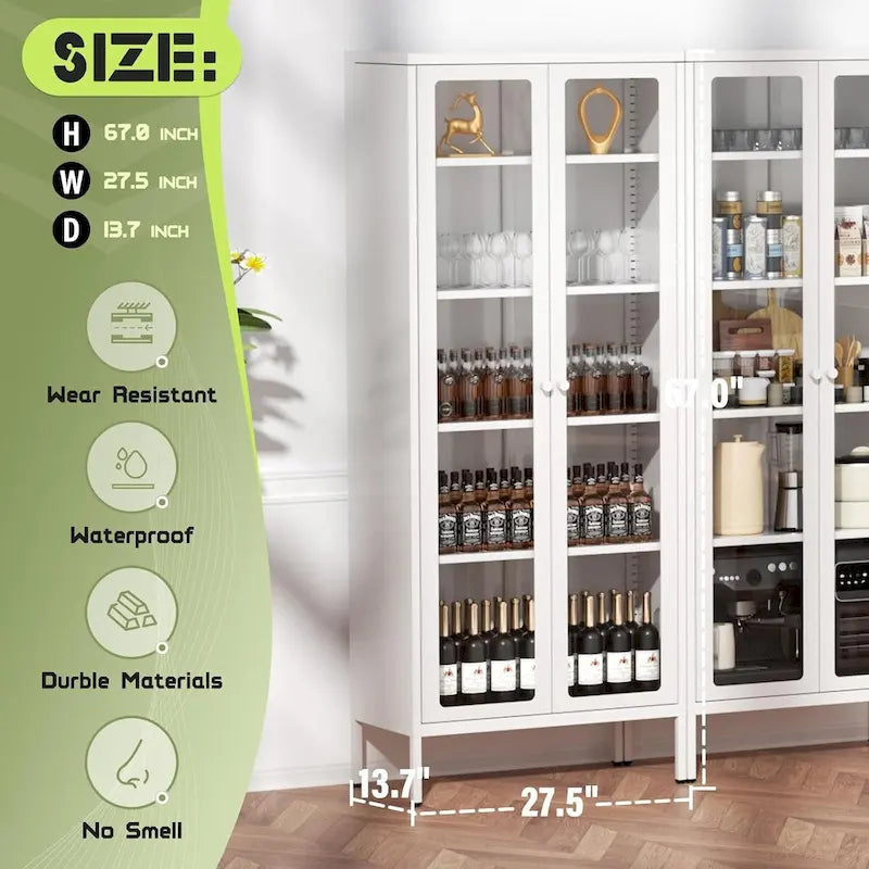 67 hoher Glas-Vitrinenschrank mit Glastüren und 4 verstellbaren Einlegeböden