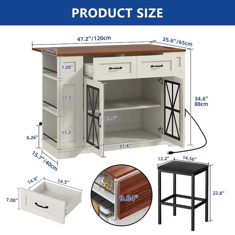 47 Kitchen Island With Drop Leaf & 2 Bar Stools