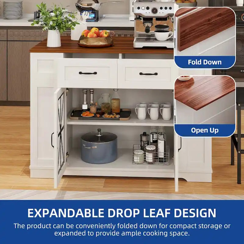 47 Kitchen Island With Drop Leaf & 2 Bar Stools