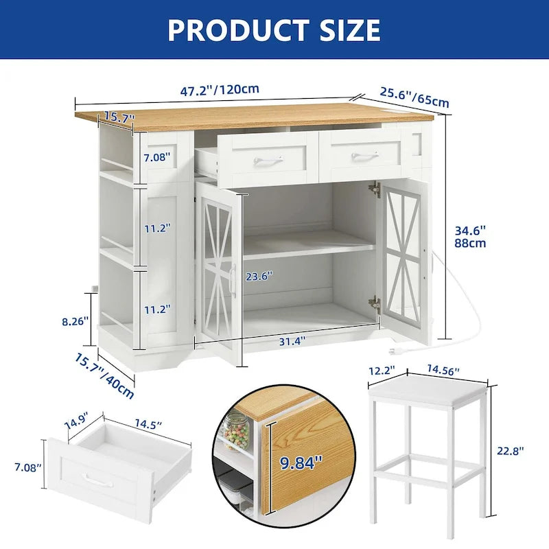 47 Kitchen Island With Drop Leaf & 2 Bar Stools