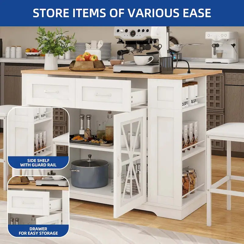 47 Kitchen Island With Drop Leaf & 2 Bar Stools