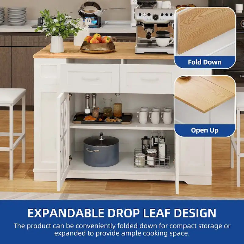 47 Kitchen Island With Drop Leaf & 2 Bar Stools