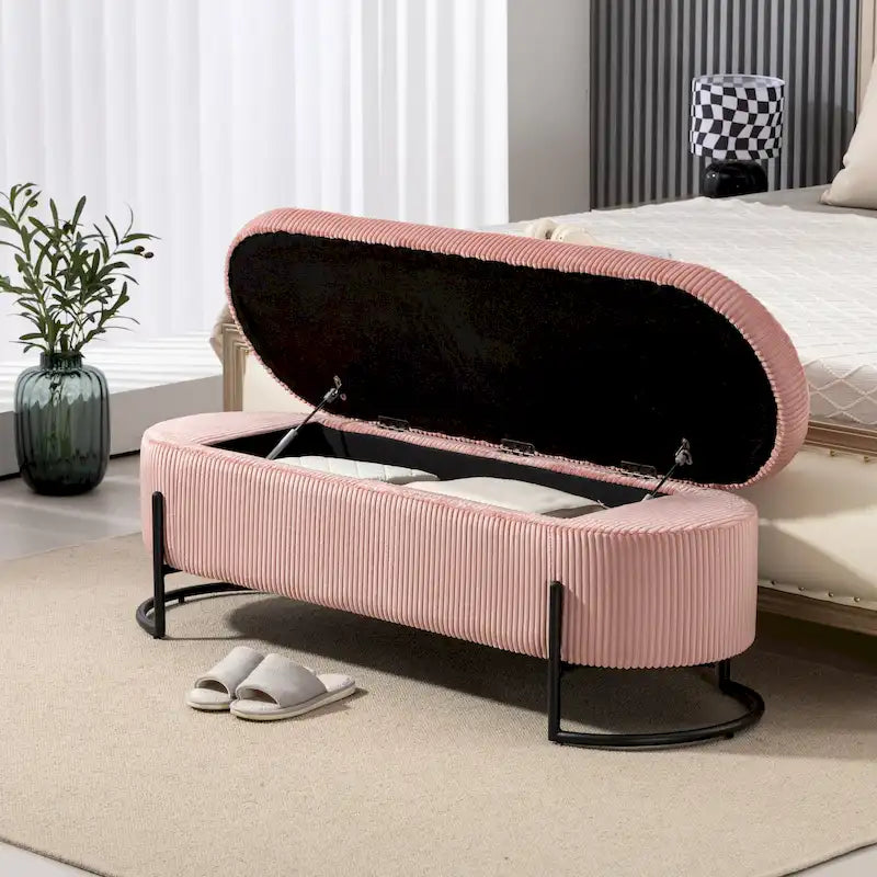 Corduroy Upholstered Storage Ottoman Bench with Safety Hinge and Metal Legs